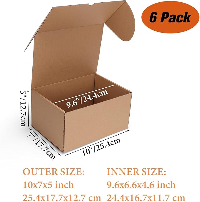 PHAREGE 10x7x5 inch Shipping Boxes 6 Pack Brown, Tab Lock Tuck Top Mailer Boxes for Packaging Small Business, Medium Cardboard Gift Boxes for Wrapping Mailing Present