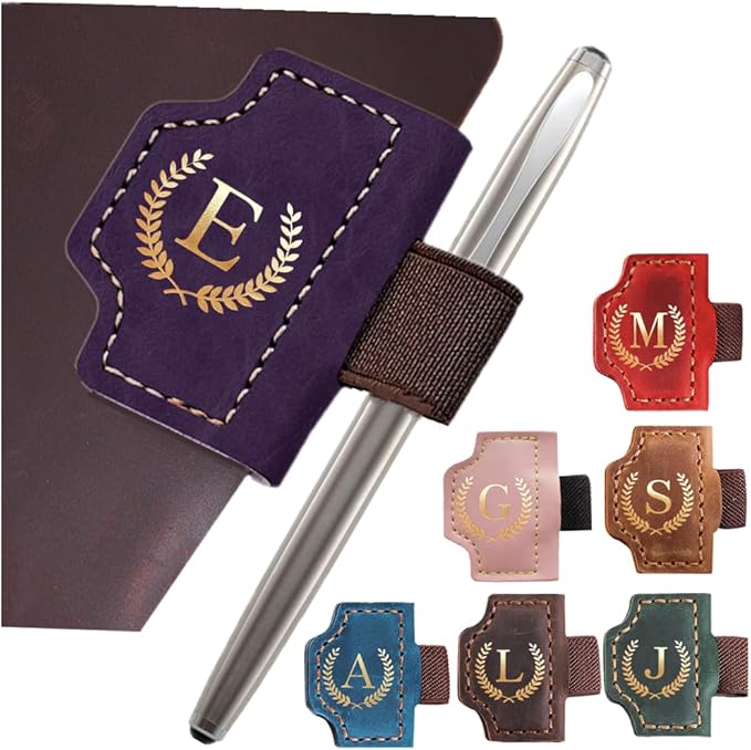 Personalized Mark Bookmark with Pen Holder, Leather Magnetic Book Marker 26 Letters,Custom Initials Page Marks, Gifts for Book Lovers Readers Men Women (Purple, E)