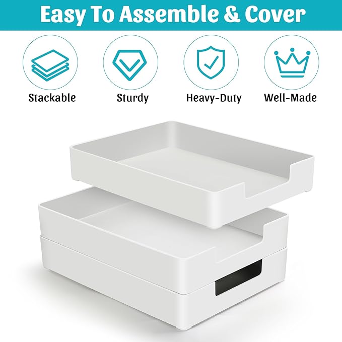 AZFUNN Letter-Size Tray Desk Letter Tray Paper Tray, Sturdy Heavy-Duty Plastic Printer Paper Tray, Single-Tier Stackable File Storage Organizer for Office Home (2, White)