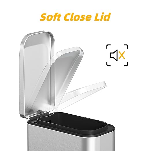 KdbK Bathroom Trash Can with Soft Close Lid, 15L/ 4 GallonRectangular Trash Can with Removable Wastebasket, Step Pedal, Slim Wastebasket for Bedroom, Home Office,Silver