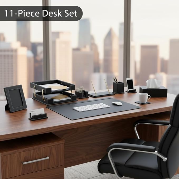 RitPin Desk Set, 11-Piece All-in-One – Executive Desk Accessories & Office Supplies, Leather Desk Organizer with Desk Pad & Blotter, 2-Tier Letter Tray, Luxury Office Desk Decor & Boss Gifts (Black)