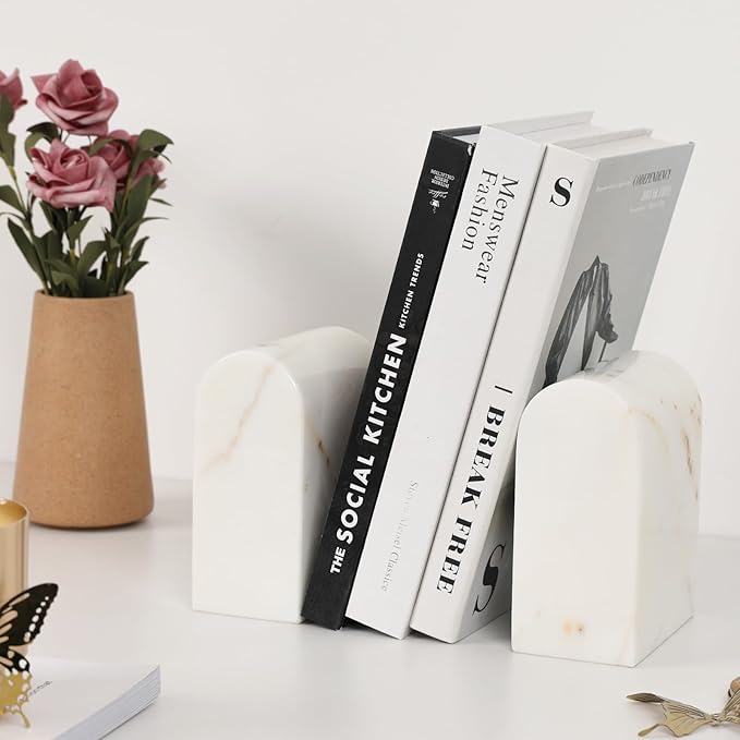 Faticdorr Luxury Marble Bookends for Shelves, 13LB Heavy Duty Marble Book Ends for Heavy Books, Stone Bookends Decorative, Polished, Calacatta Gold Arch, Set of 2