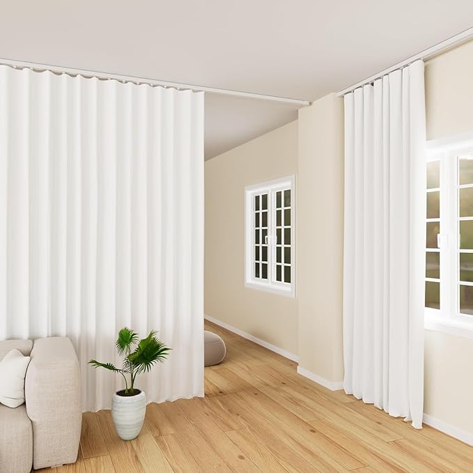 Hoeflife Room Divider Curtains Blackout Floor to Ceiling Curtain with Hook Wall Mount Sliding Door Curtains Ceiling Mount Extra Wide Curtain Wall Divider for Room Separation(Greyish Whitei,W150xH96In)
