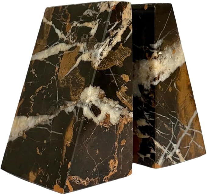 Ottimo Premium Polished Natural Marble bookends for use as Bookshelf Decor, Home, Office or Kitchen Shelves. Heavy, Triangular,and Modern Decorative Book Stopper with Anti-Slip Pads (Black Gold)