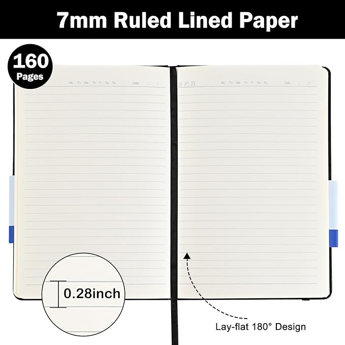 SUQJOY Lined Journal Notebooks, 4 Pack 160 Pages, 5.5x 8.2-Inch Journals for Women Men, Hardcover Notebook with 100 gsm Thick Paper, A5 Size College Ruled Notebook for Writing/Travel/Work (Black-4 Pack)