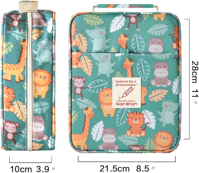 qianshan Pencil Case Holder Slot - Holds 202 Colored Pencils or 136 Gel Pens with Zipper Closure - Large Capacity Pen Organizer for Watercolor Pens or Markers - Perfect for Artist Durk Green Zoo