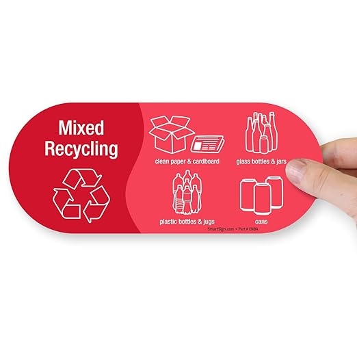 SmartSign (Pack of 4) 3.75 x 9 inch “Mixed Recycling” Sticker Labels with Symbols, 5 mil Laminated Polyester with SuperStick Adhesive, Red and White, Made in USA