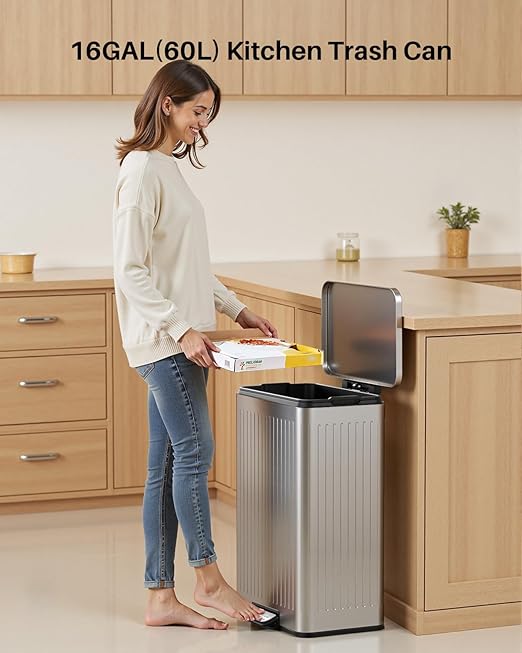 Lovewind 60 Liter/ 16 Gallon Stainless Steel Trash Can with Soft-Close Lid, Large Footstep Garbage Can with Roman Texture, Removable Inner Buckets, Recycling Bin for Kitchen Office, Silver