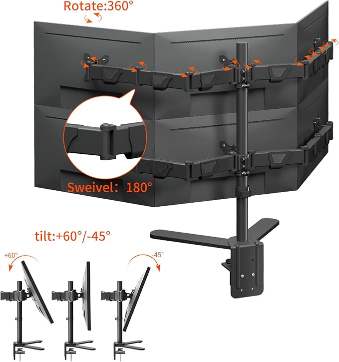 HILLPORT 6 Six Monitor Desk Mount Arm, Fully Adjustable Bracket Stand Fits Screens up to 32 inch, 19.8 lbs, Weight Capacity per Screen, Black X35-6