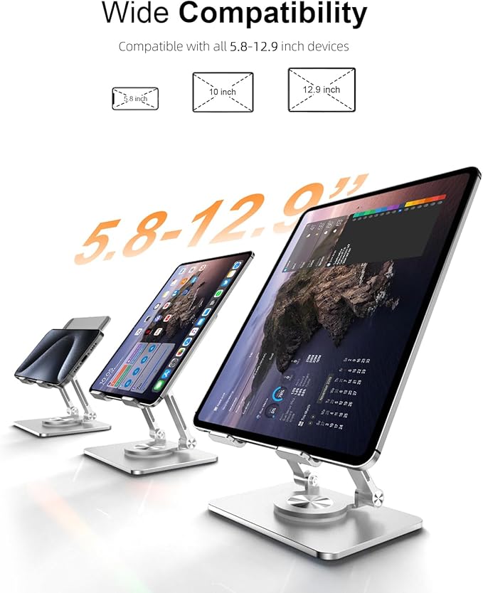 Tablet Stand Holder with Thickened 360°Rotating Base Dual Rod Adjustable Aluminum Stand for All 5.8-12.9” iPad Samsung Phone Tablet Kindle E-Reader and More, Silver