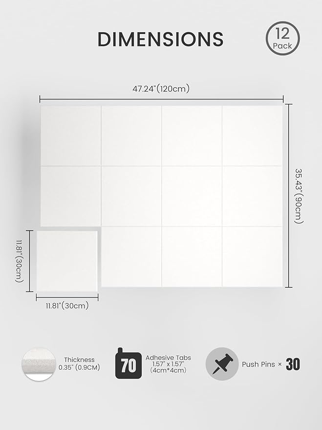 Bumusty Large Cork Board 47"x35" Alternative - 12 Pack Felt Wall Tiles with 70 Safe Removable Adhesive Tabs, 30 Pushpins, Cork Boards for Walls Pin Board Bulletin Board Office Decor (Milky White)