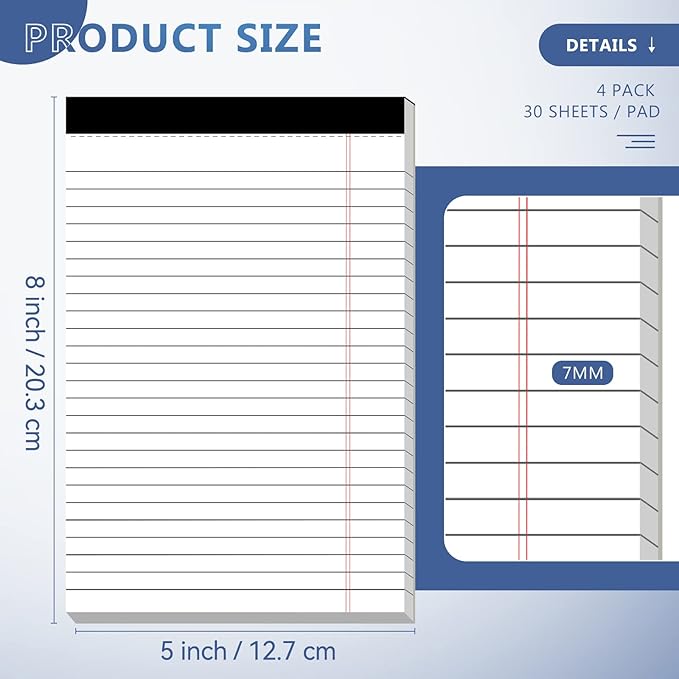 Nichela 5" x 8" Note Pads 4 Pack of Legal Pads 21lb Notepad College Ruled Legal Pad 30 Sheets Perforated Small Writing Pads Double-Side Printed Pad of Paper for School, College, Office