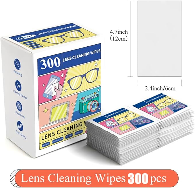 Pre-Moistened Lens Cleaning Wipes, 300 Pcs Cleaning Wipes for Glasses, Computer & Laptops Screens, Smart Phones, Optical Lens, Goggles, and Watch Screen l Quick-Dry and Scratch-Free