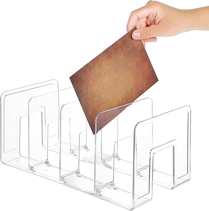 Lemecima 4 Pack Acrylic File Sorter, 4-Section Clear Desktop File Folder Holder Organizer, Thick Office Storage Stand Rack for Book, Envelopes, Mail, Document, Notebook, Binder, Purse, Clutch Divider