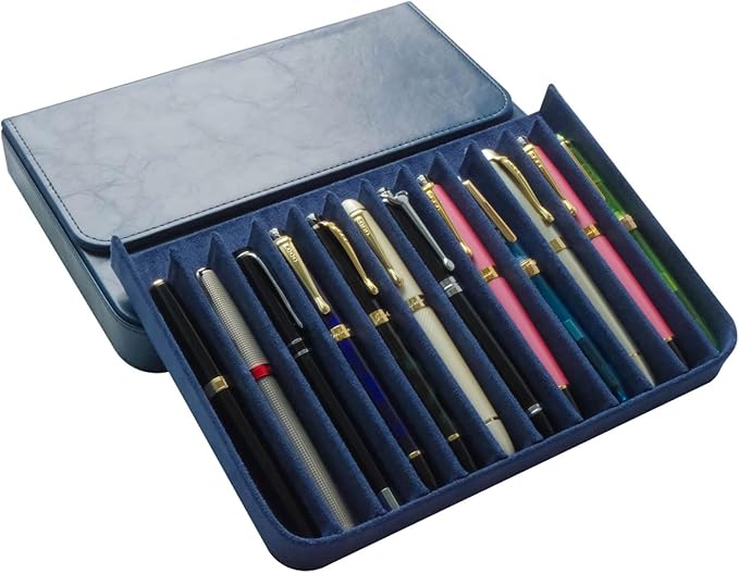 MIVLXLX PU Leather 12 Fountain Pen/Pencil Tray Case Organizer, Fashion Design, Handmade, Magnetic Closure with Drawer, Christmas Gift for Man/Woman/Office, 12 Slots(blue)