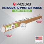Paclord 2" x 48" Reinforced Kraft Paper Mailing Tube, Pack of 4 Tubes with 8 Caps – Secure USPS Approved Poster Tube – Cardboard Tube for Shipping and Storing Posters, Prints, Artwork, or Documents
