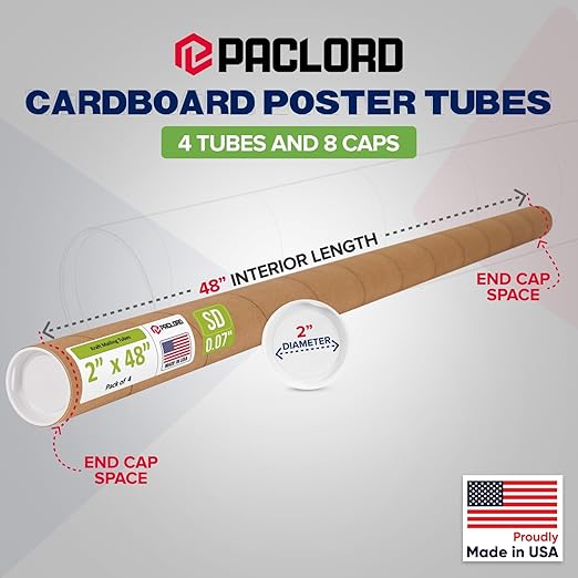 Paclord 2" x 48" Reinforced Kraft Paper Mailing Tube, Pack of 4 Tubes with 8 Caps – Secure USPS Approved Poster Tube – Cardboard Tube for Shipping and Storing Posters, Prints, Artwork, or Documents