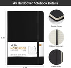 ViVin Lined Journal Notebooks for Work, 192 Pages, Medium 5.5 x 8.3 inch, College Ruled, A5 Hardcover Journaling Notebooks for Work, 3 Pack, (Black，White，Gray)