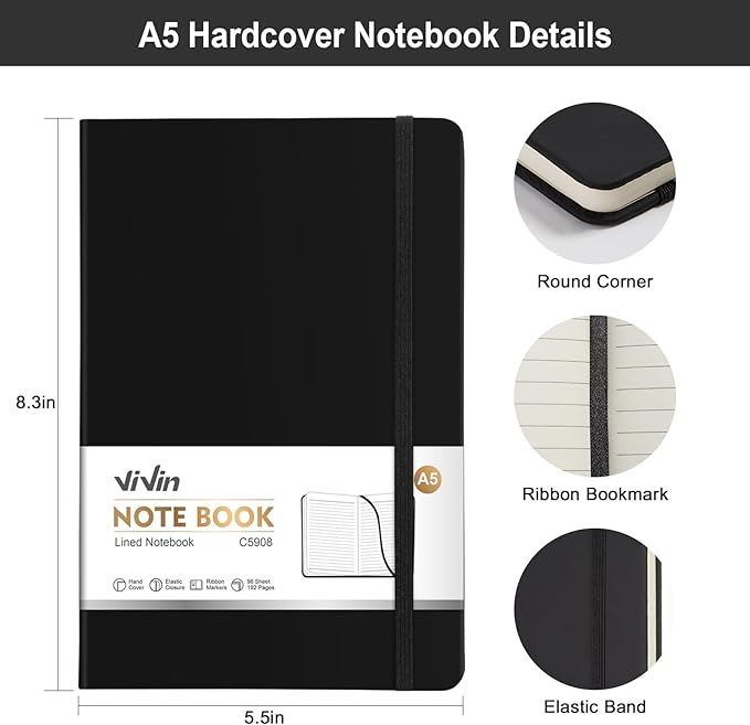 ViVin Lined Journal Notebooks for Work, 192 Pages, Medium 5.5 x 8.3 inch, College Ruled, A5 Hardcover Journaling Notebooks for Work, 3 Pack, (Black，White，Gray)