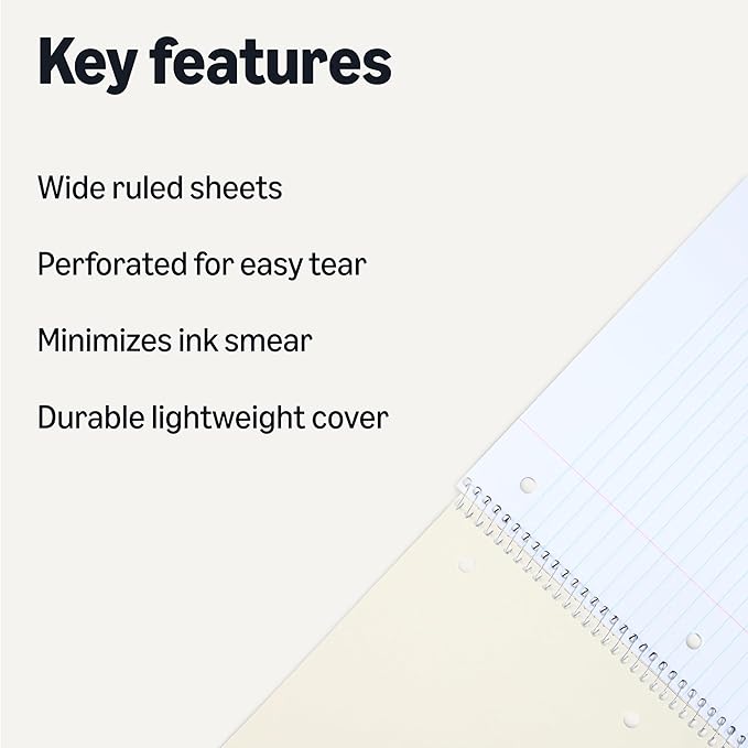 Amazon Basics Wide-Ruled Spiral Notebook, For Work and School, 70 Sheets, 8" x 10.5", Light Blue, 2-Pack
