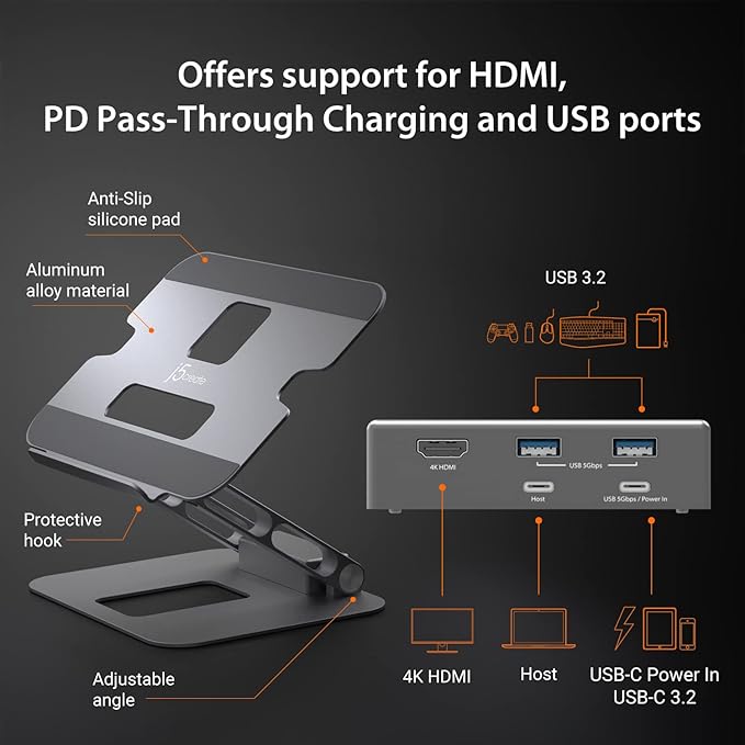 j5create Laptop Stand with USB C 4K HDMI Display Hub - 2 USB A 5Gbps, PD 100W with USB-C 5Gbps | Aluminum Computer Riser for MacBook and Windows Notebook (JTS327)