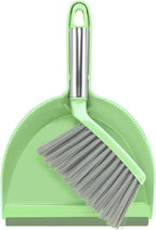 NACENA Mini Broom and Dustpan Set, Small Dust Pan and Brush Set with Handle Dustpan Teeth for Cleaning Hair Suitable for Office Desks Drawers Sofas Outdoor Camping, Light & Green