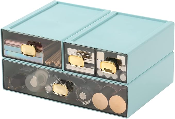 OSteed Spacious Desktop Storage Box, 1 Large 1 Middle & 2 Small Storage Drawers, Stackable Office Desk Drawer Organizer and Accessories, Printer Paper Organizer, Cyan Plastic Drawers for Workspace