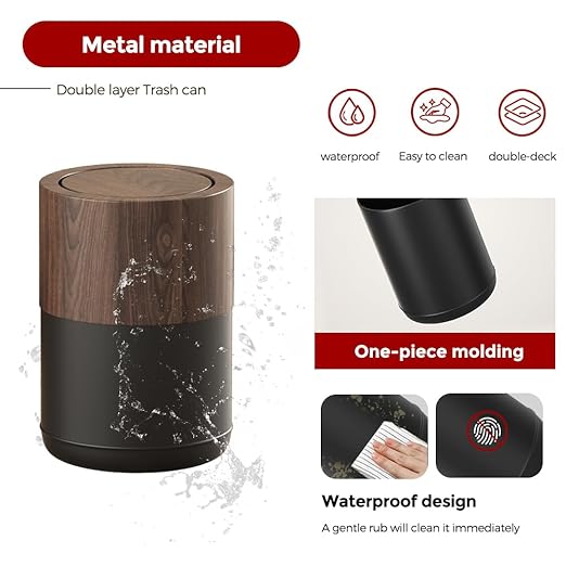 LEASYLIFE 3.1 GAL Modern Metal Trash Can with Realistic Wood Texture,Built-in Bag Holder,Flip Lid,Small Bathroom Garbage Can for Bathroom,Home,Office,Living Room (3.1gal Swing lid)