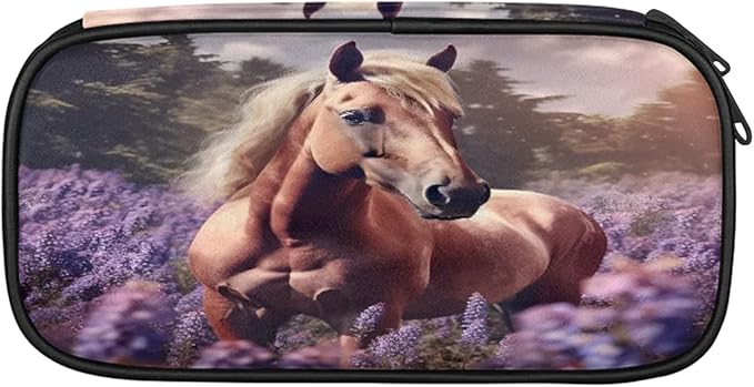 Pardick Pencil Case，Horse Lavender Big Capacity Pencil Pouch Coin Pouch Stationery Organizer For Teen School