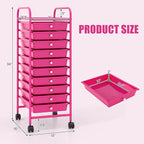 GLACER 10 Drawers Rolling Cart, Storage Cart with w/Removable Drawers & Steel Frame, Utility Mobile Trolley w/Universal Casters & 2 Brakes, Organizer Cart for Home, School, Office (Hot Pink)