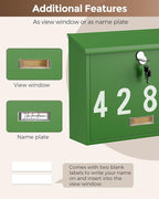 LAND·VOI Locking Wall-Mount Mailbox for Outside, with 4 Keys, Galvanized Steel Rustproof Metal Postbox, 4" Dx13.8 Wx11.2 H, Includes 3 Sets of Mailbox Numbers, Nameplate, Green