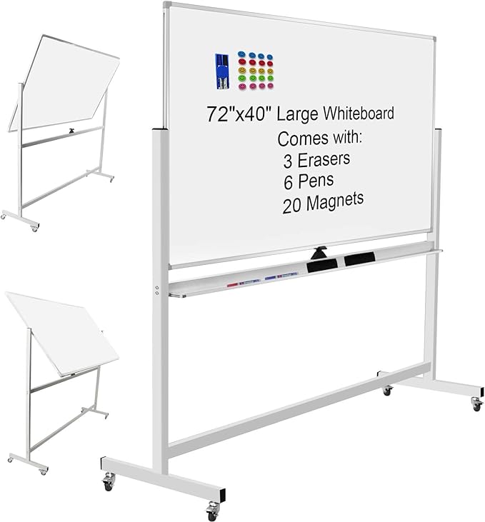 Max-officoo Mobile Whiteboard 72"x40" Magnetic Dry Erase White Boards on Wheels Double-Sided Large Whiteboard with Rolling Stand for Classrooms, Offices and Home