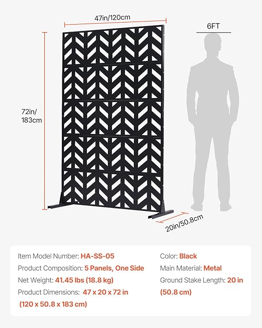 VEVOR Metal Privacy Screen, 47" W x 72" H, Outdoor Privacy Screens 5-Panel, Freestanding Outdoor Divider with Stand, Decorative Garden Steel Privacy Fence for Balcony Patio Indoor Room Black