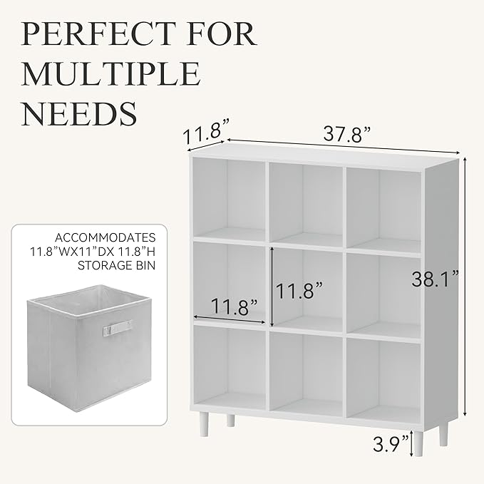 Chyanmoo Wood Cube Storage Organizer White Bookshelf - 3-Tier Freestanding Storage Cabinet with Legs for Home Office, 9-Cubes Open Shelf