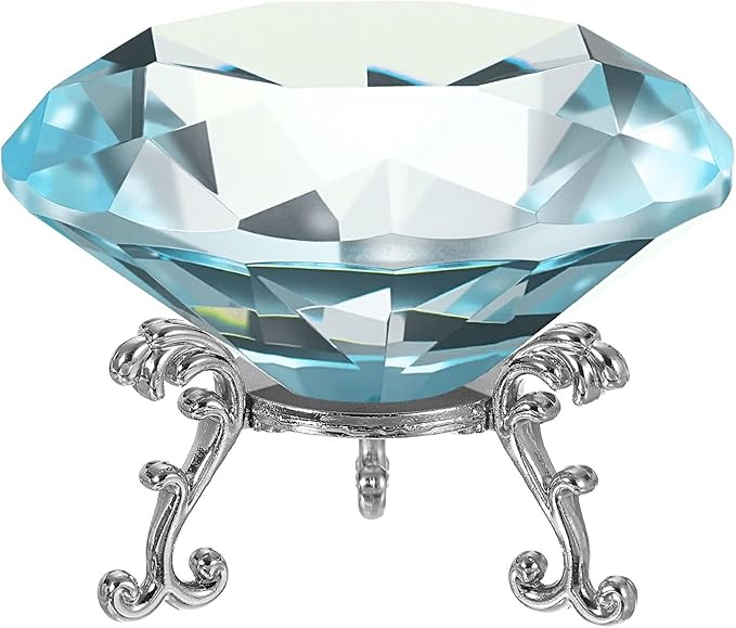 PATIKIL Diamond Crystal Paperweight, 100mm / 3.94" Crystal Paperweight Paper Weight with Silver 25 Metal Base for Home Office Desktop Table Decor Wedding Party Ornaments, Lake Blue