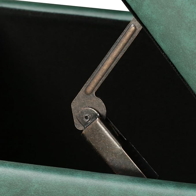 Adeco Green Faux Leather Storage Ottoman with Hinged Lid, 14" Green Square Cube Foot Stool with Storage, Upholstered Vanity Stool with Black Solid Wood Legs for Living Room, Bedroom