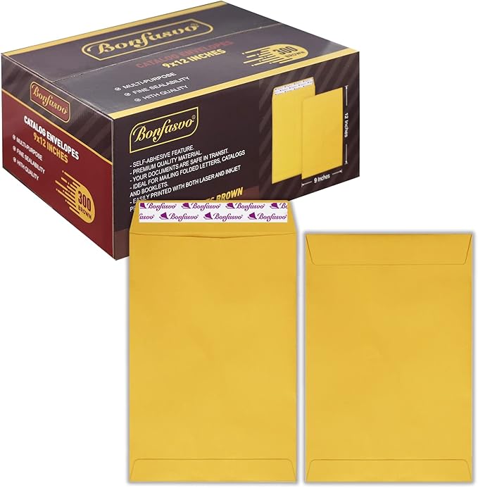 Bonfasvo 300 Pack 9x12 Brown Catalog Envelopes Peel & Seal Security Mailing Envelopes 120GSM Kraft Paper self Seal Envelopes for Invitations Papers Photos Documents Pictures Papers Files
