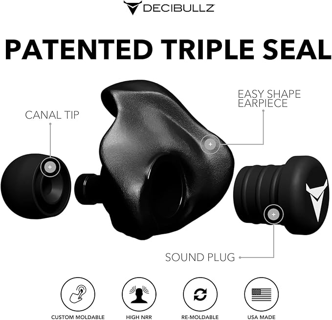 Decibullz 25-Decibel Noise-Reduction Earplugs for Hearing Protection, Custom-Molded Reusable Earplugs for Noise Sensitivity & Flights, Black