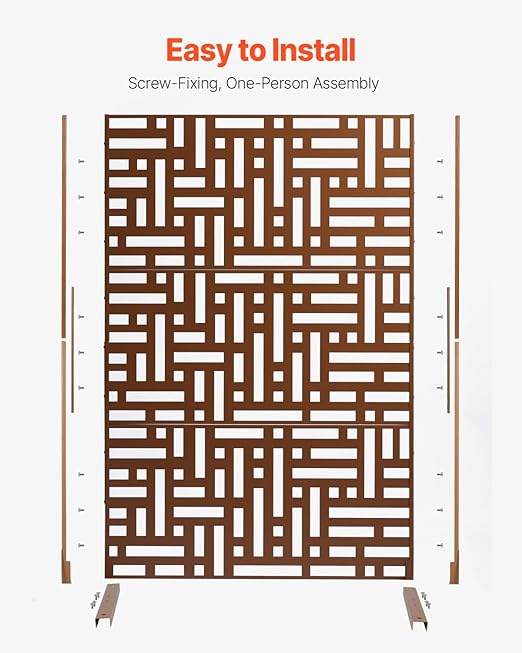 VEVOR Metal Privacy Screen, 36" W x 72" H, Outdoor Privacy Screens & Panels, Freestanding Outdoor Divider with Stand, 3-Panel Decorative Garden Steel Privacy Fence for Balcony Patio Indoor Room Brown