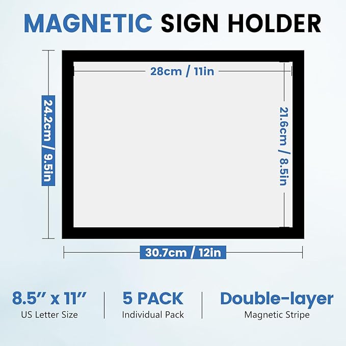 NUITPY 5 Pack Magnetic Sign Holder, 8.5in x 11in Self Adhesive Wall Mount Magnetic Document Holder, Magnetism Border Sign Holder with Transparent PVC Front Cover