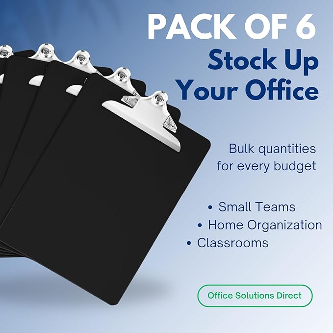 Black Plastic Clipboards (Set of 6) Multipack - 12.5x9 Inch Black Clipboard with 100 Sheets Holding Capacity Butterfly Clip | Colored Acrylic Clip Boards in Bulk | Office, Classroom, School Supplies