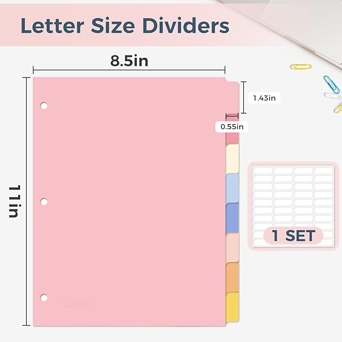 SUNEE 8 Tab Binder Dividers,Plastic Dividers for 3 Ring Binder,3 Ring Binder Dividers with Tabs for School Office Home Supplies,Pastel Color, 1 Set