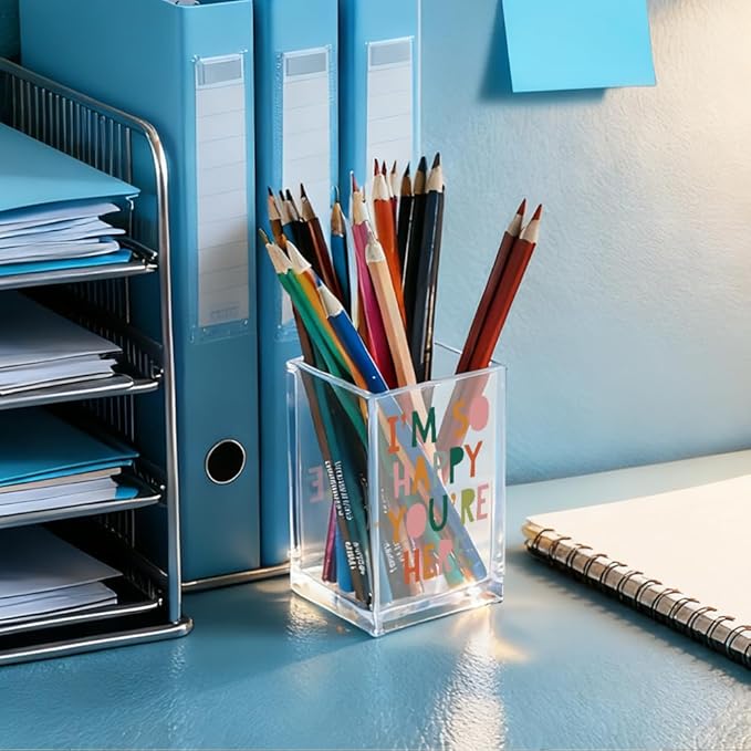 QYUVK I'm So Happy You're Here Acrylic Cosmetic Pencil Holder Cup, Funny Boho Pen Holder for Women, Home Office Classroom Desk Accessories, Inspirational Gifts for Daughter, Make up Brush Organizer