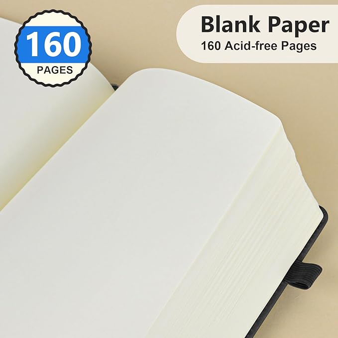 PERCUN Blank Journal Ntebook for Men & Women, 160 Pages Blank Journals for Writing, Drawing,Sketch Book,5.9" x 8.5" Leather Sketchbook, Unlined Notebook for Work, School, Art (Black)