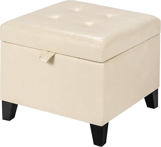 Asense 17 Inch Faux Leather Ottoman with Storage, Square Ottoman Footstool Upholstered Footrest for Couch Entryway Bedroom Living Room, Beige