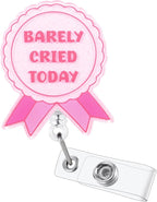 Barely Cried Today Funny Nurse Badge Reel, Cute Pink Ribbon Retractable ID Card Pediatric Badge Holder, Name Tag Medical Work Badge Clip for RN ER PM Critical Care Nurse Psychotherapist Mental Health