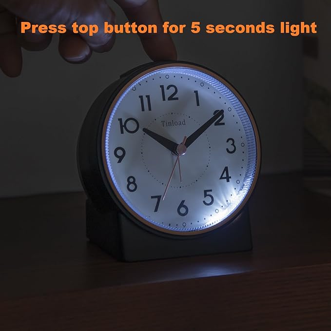 Tinload 4.3" Retro Analog Alarm Clock, Vintage Decor, No Ticking Silent, Easy to Set, Gradual Rise Alarm, On/Off Switch on Side, Gentle Wake, Snooze, Lighted on Demand, Battery Operated, Retro Black
