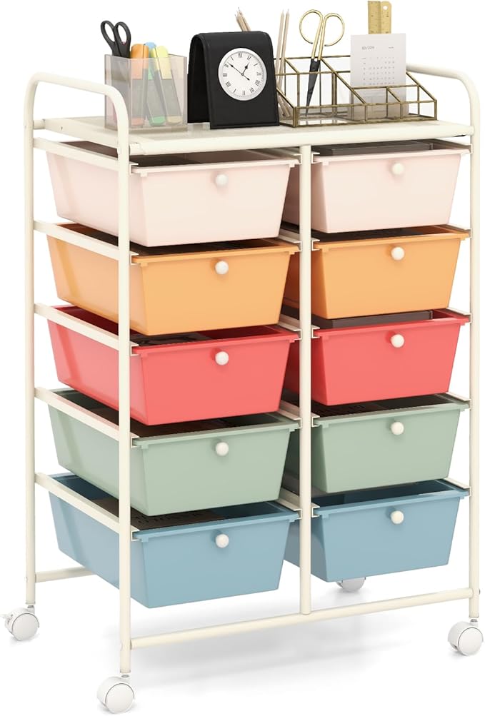 HAPPYGRILL 10-Drawer Rolling Storage Cart, Storage Organizer Cart with Lockable Wheels, Beauty Salon Movable Utility Cart for School, Office, Home, (Macaroon Colorful)