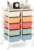 HAPPYGRILL 10-Drawer Rolling Storage Cart, Storage Organizer Cart with Lockable Wheels, Beauty Salon Movable Utility Cart for School, Office, Home, (Macaroon Colorful)