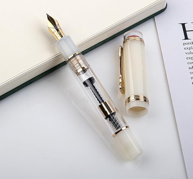 JINHAO 1935 Fountain Pen TIANDAO Series #8 Nib Ink Pen with Guitar-Shaped Clip and Ink Converter (F Nib 0.5mm, Ivory White)